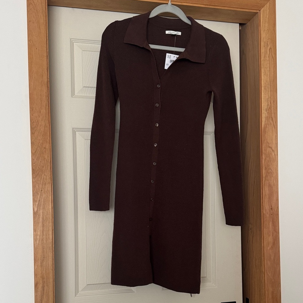 American Eagle Outfitters Long-Sleeve Button-Up Knit Dress in Dark Brown